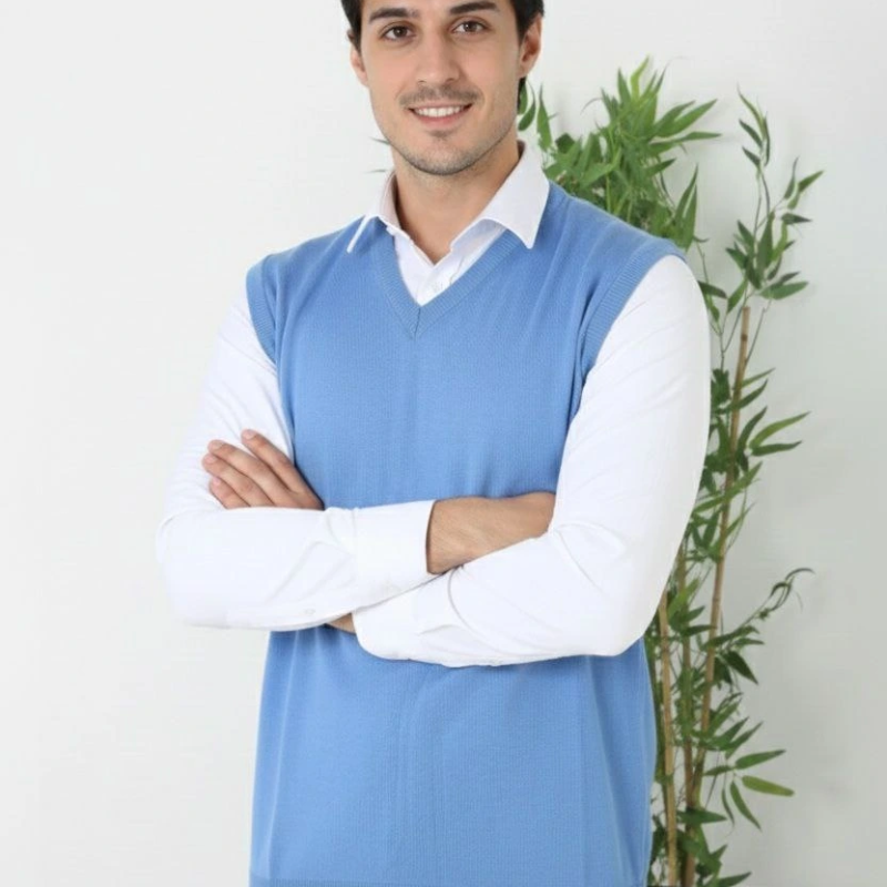 V Yaka Kolsuz Süveter Triko Kazak yumuşak dokulu Pamuklu ince Dokuma Rahat Regular kalıp - Mavi