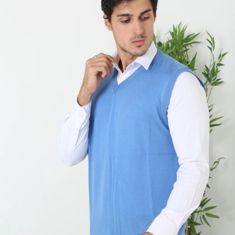 V Yaka Kolsuz Süveter Triko Kazak yumuşak dokulu Pamuklu ince Dokuma Rahat Regular kalıp - Mavi