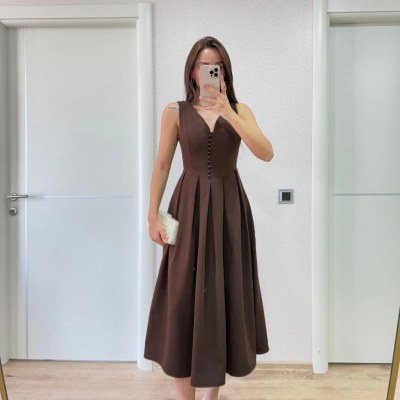 V yaka Krep Arka Ön Pens Detaylı Uzun Kolsuz Elbise- Kahverengi -