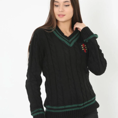 V Yaka Örgülü Kazak - Siyah -