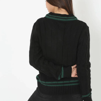 V Yaka Örgülü Kazak - Siyah -