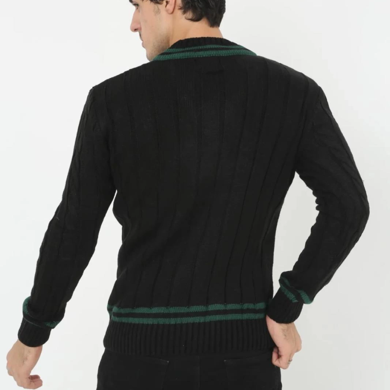 V Yaka Örgülü Kazak - Siyah -