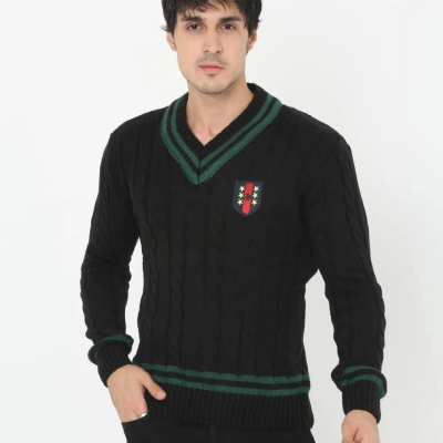 V Yaka Örgülü Kazak - Siyah -