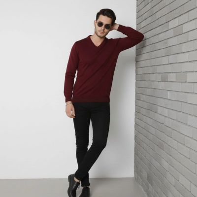 V Yaka Triko Kazak yumuşak dokulu Pamuklu ince Dokuma, uzun kollu Rahat Regular kalıp - Bordo