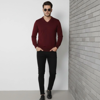 V Yaka Triko Kazak yumuşak dokulu Pamuklu ince Dokuma, uzun kollu Rahat Regular kalıp - Bordo