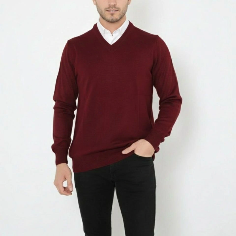 V Yaka Triko Kazak yumuşak dokulu Pamuklu ince Dokuma, uzun kollu Rahat Regular kalıp - Bordo