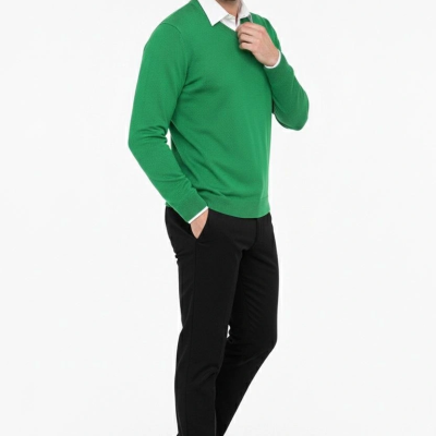 V Yaka Triko Kazak yumuşak dokulu Pamuklu ince Dokuma, uzun kollu Rahat Regular kalıp - Çimen Yeşili