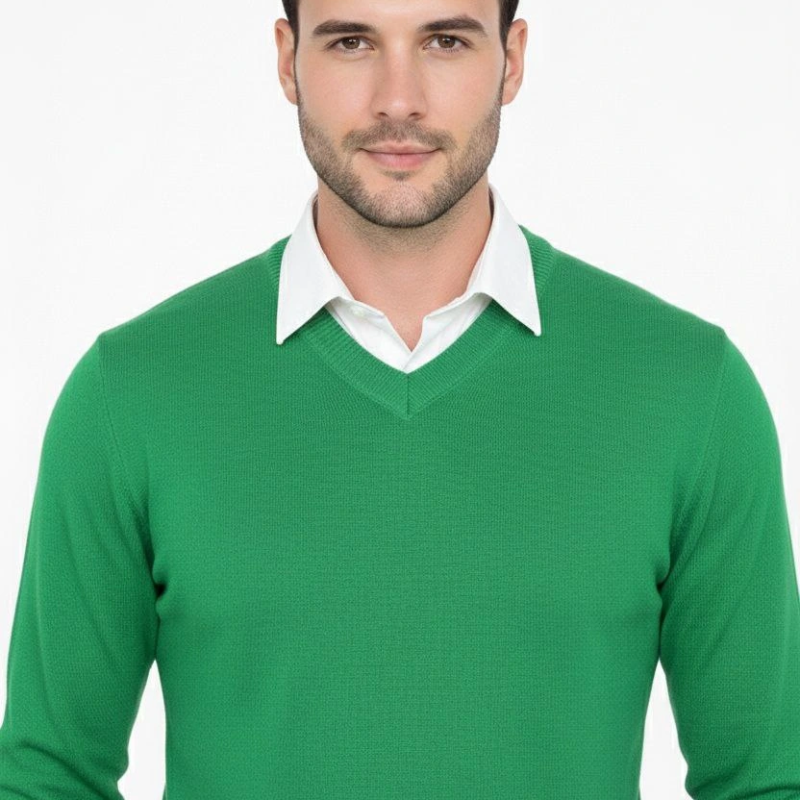 V Yaka Triko Kazak yumuşak dokulu Pamuklu ince Dokuma, uzun kollu Rahat Regular kalıp - Çimen Yeşili