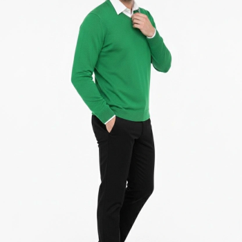 V Yaka Triko Kazak yumuşak dokulu Pamuklu ince Dokuma, uzun kollu Rahat Regular kalıp - Çimen Yeşili