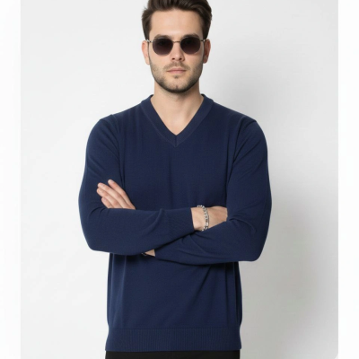 V Yaka Triko Kazak yumuşak dokulu Pamuklu ince Dokuma, uzun kollu Rahat Regular kalıp - Lacivert