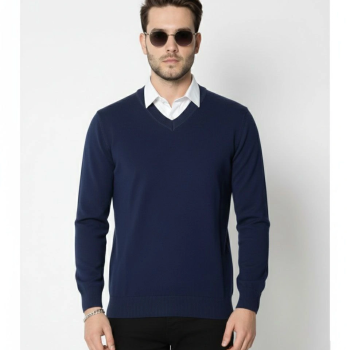 V Yaka Triko Kazak yumuşak dokulu Pamuklu ince Dokuma, uzun kollu Rahat Regular kalıp - Lacivert