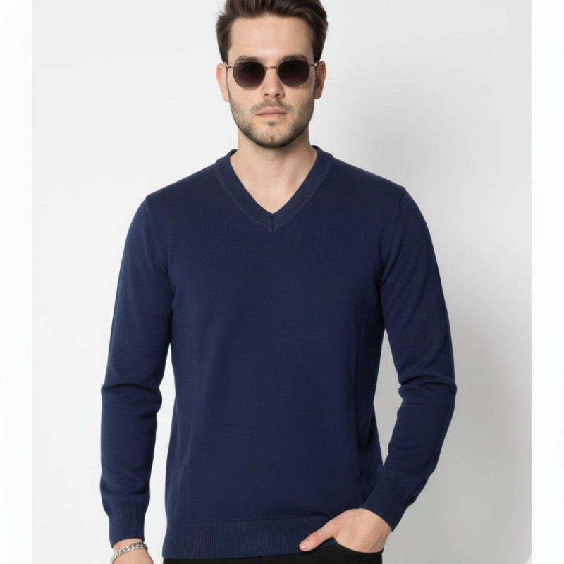 V Yaka Triko Kazak yumuşak dokulu Pamuklu ince Dokuma, uzun kollu Rahat Regular kalıp - Lacivert