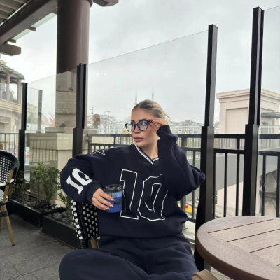 V Yaka Üç İplik Sweat Takım - Siyah -