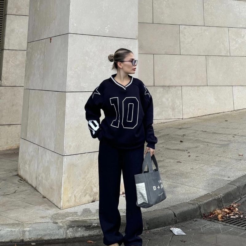 V Yaka Üç İplik Sweat Takım - Siyah -