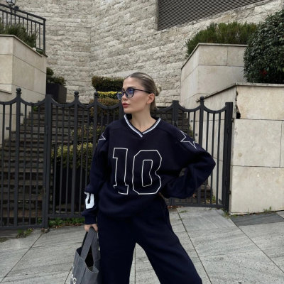 V Yaka Üç İplik Sweat Takım - Siyah -