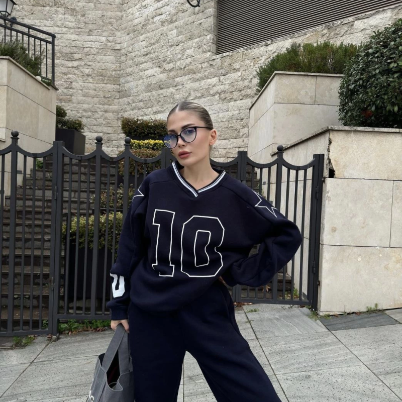 V Yaka Üç İplik Sweat Takım - Siyah -