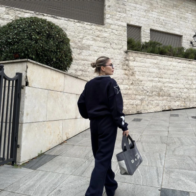 V Yaka Üç İplik Sweat Takım - Siyah -