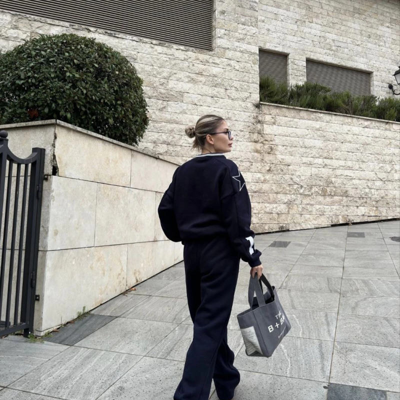 V Yaka Üç İplik Sweat Takım - Siyah -