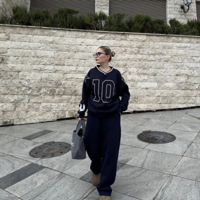 V Yaka Üç İplik Sweat Takım - Siyah -