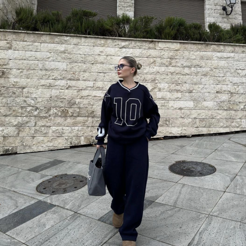 V Yaka Üç İplik Sweat Takım - Siyah -