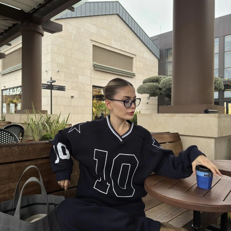 V Yaka Üç İplik Sweat Takım - Siyah -