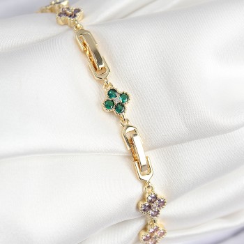 VIP Pirinç Renkli Zirkon Taşlı Yonca Model Gold Renk Kadın Bileklik