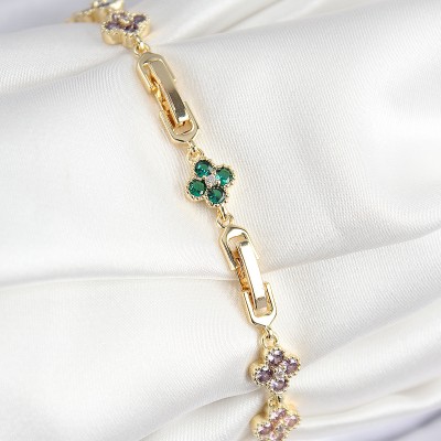 VIP Pirinç Renkli Zirkon Taşlı Yonca Model Gold Renk Kadın Bileklik