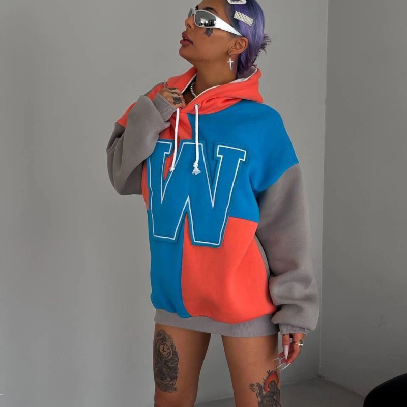 W Nakış İşlemeli Kapüşonlu Sweatshirt - Mavi