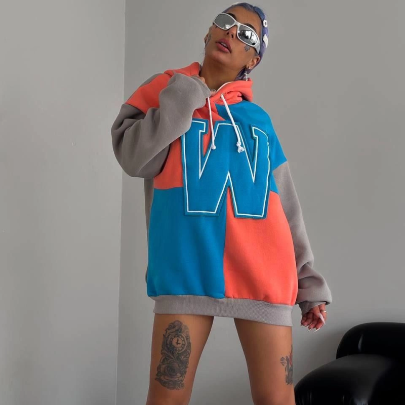 W Nakış İşlemeli Kapüşonlu Sweatshirt - Mavi