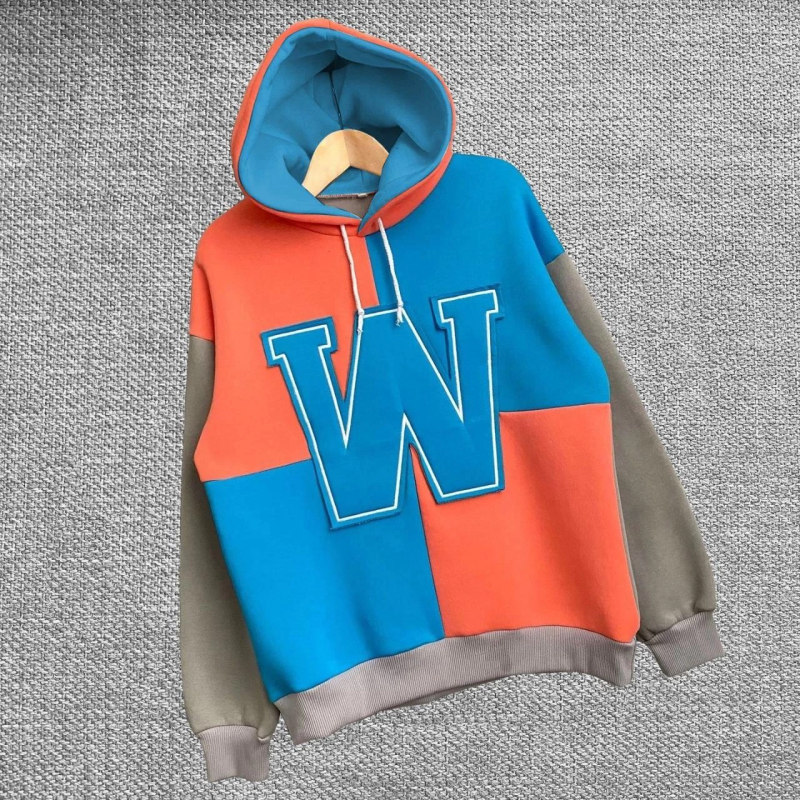 W Nakış İşlemeli Kapüşonlu Sweatshirt - Mavi