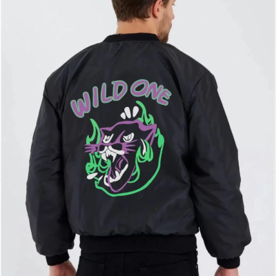 Wild One Baskılı   Bomber Mont – Panter Desenli, Fermuarlı, Kapitone Astarlı Ceket - Siyah -