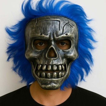 Wild Skull - Gümüş Kafatası Mavi Saçlı İskelet Maske