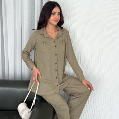Yakalı Düğmeli Uzun Kollu Gömlek Pantolon ikili Takım - Bej -