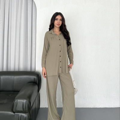 Yakalı Düğmeli Uzun Kollu Gömlek Pantolon ikili Takım - Bej -