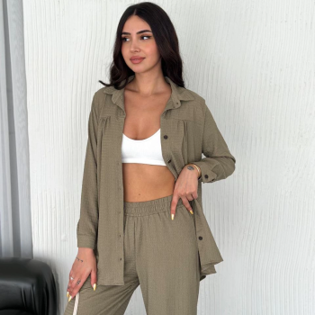 Yakalı Düğmeli Uzun Kollu Gömlek Pantolon ikili Takım - Bej -