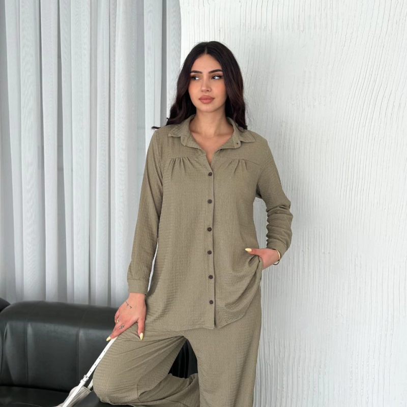 Yakalı Düğmeli Uzun Kollu Gömlek Pantolon ikili Takım - Bej -