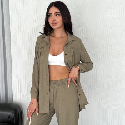 Yakalı Düğmeli Uzun Kollu Gömlek Pantolon ikili Takım - Bej -