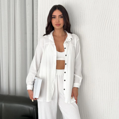 Yakalı Düğmeli Uzun Kollu Gömlek Pantolon ikili Takım - Beyaz -