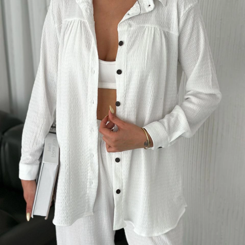 Yakalı Düğmeli Uzun Kollu Gömlek Pantolon ikili Takım - Beyaz -