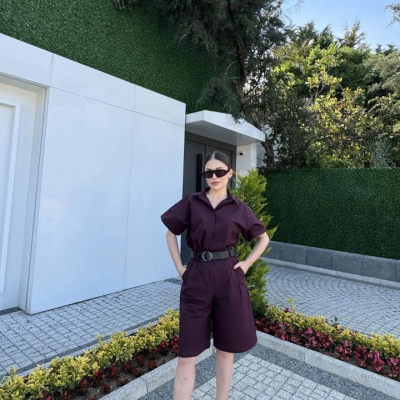 Yakalı Gömlek Kemerli Şortlu Takım - Bordo -