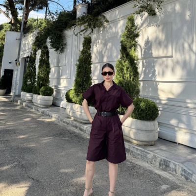 Yakalı Gömlek Kemerli Şortlu Takım - Bordo -