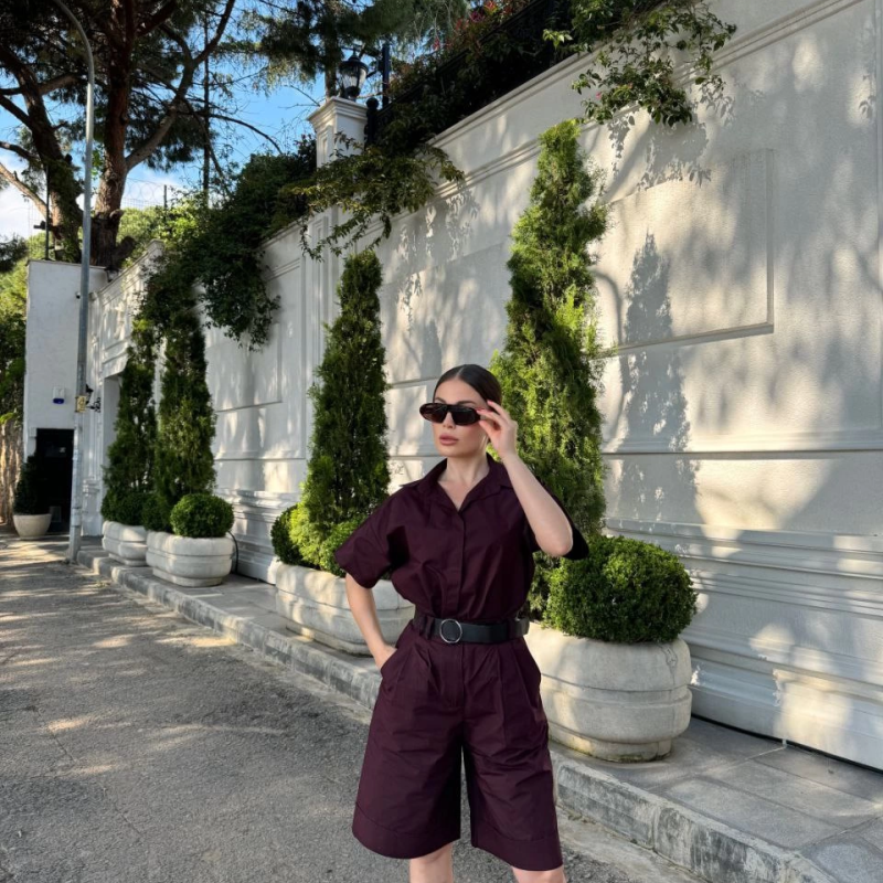 Yakalı Gömlek Kemerli Şortlu Takım - Bordo -