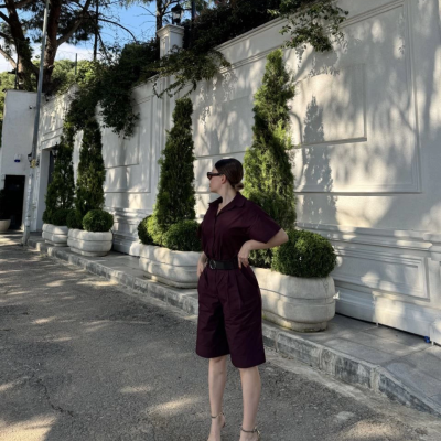 Yakalı Gömlek Kemerli Şortlu Takım - Bordo -