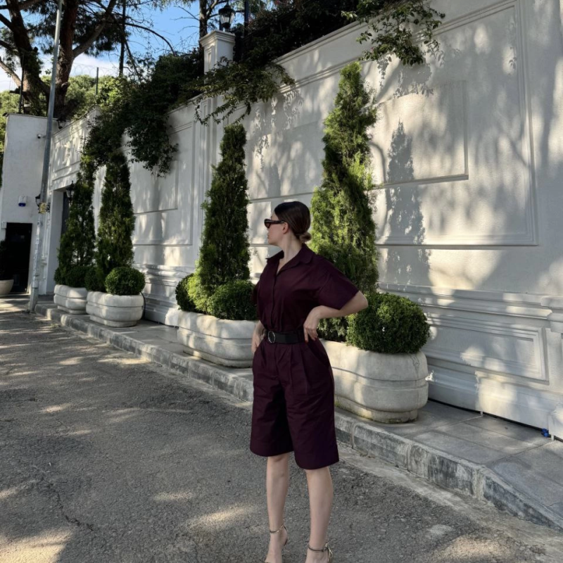 Yakalı Gömlek Kemerli Şortlu Takım - Bordo -