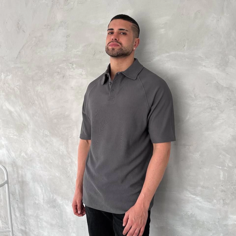 Yakalı Patlı Kısa Kol T-shirt - Antrasit -