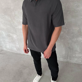 Yakalı Patlı Kısa Kol T-shirt - Antrasit -