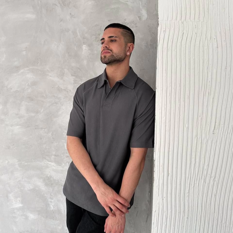 Yakalı Patlı Kısa Kol T-shirt - Antrasit -