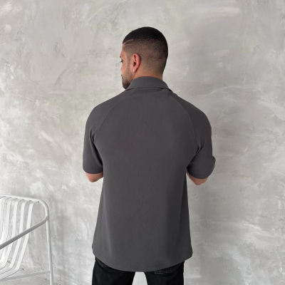 Yakalı Patlı Kısa Kol T-shirt - Antrasit -