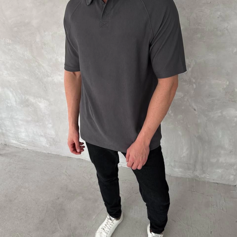 Yakalı Patlı Kısa Kol T-shirt - Antrasit -