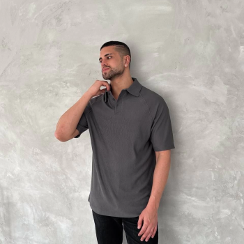 Yakalı Patlı Kısa Kol T-shirt - Antrasit -